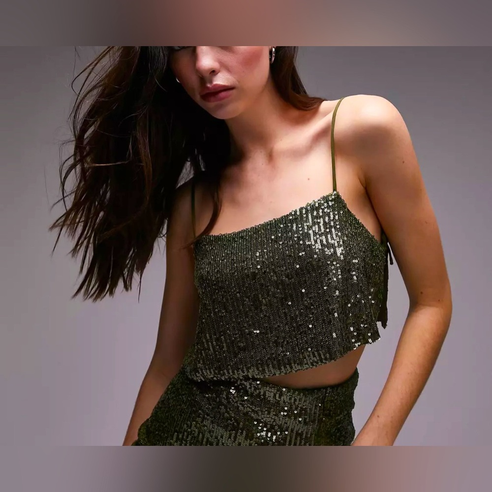 Topshop Sequin Crop Cami In Green